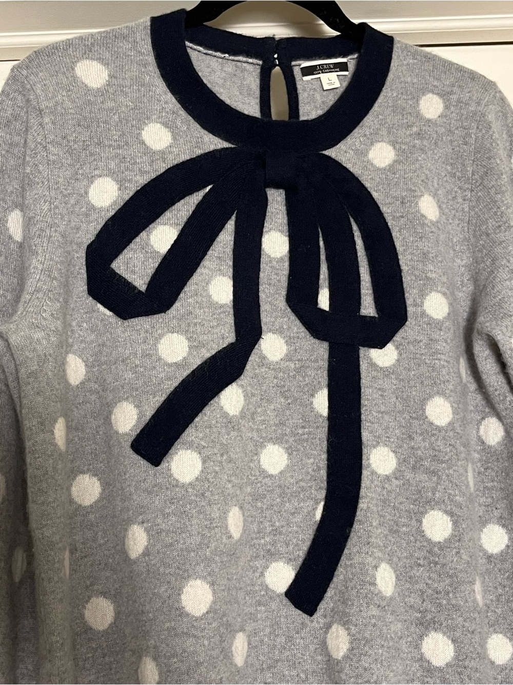 J.Crew 100% Cashmere Polka Dot Bow Sweater Gray Navy L Coquette - Picture 6 of 8